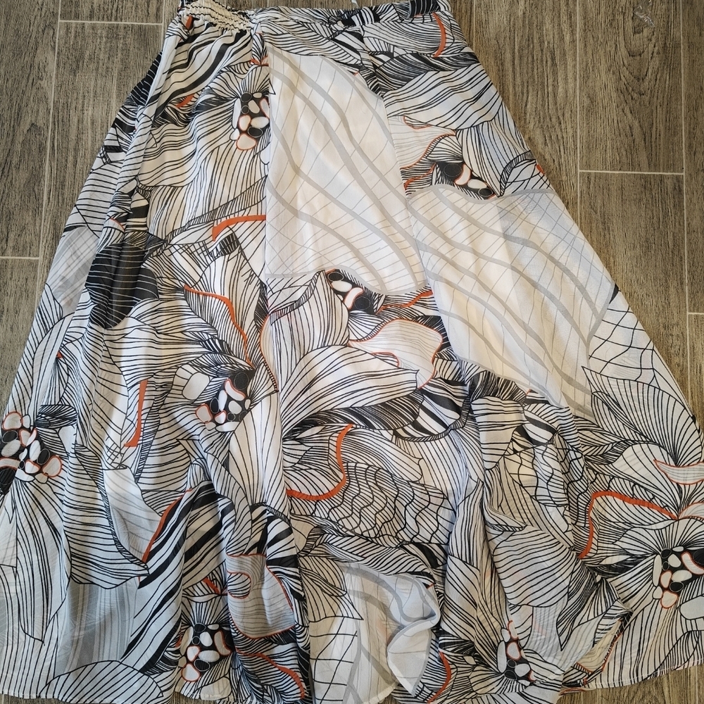 A-Line Floral Print Maxi Skirt - Black, White & Orange